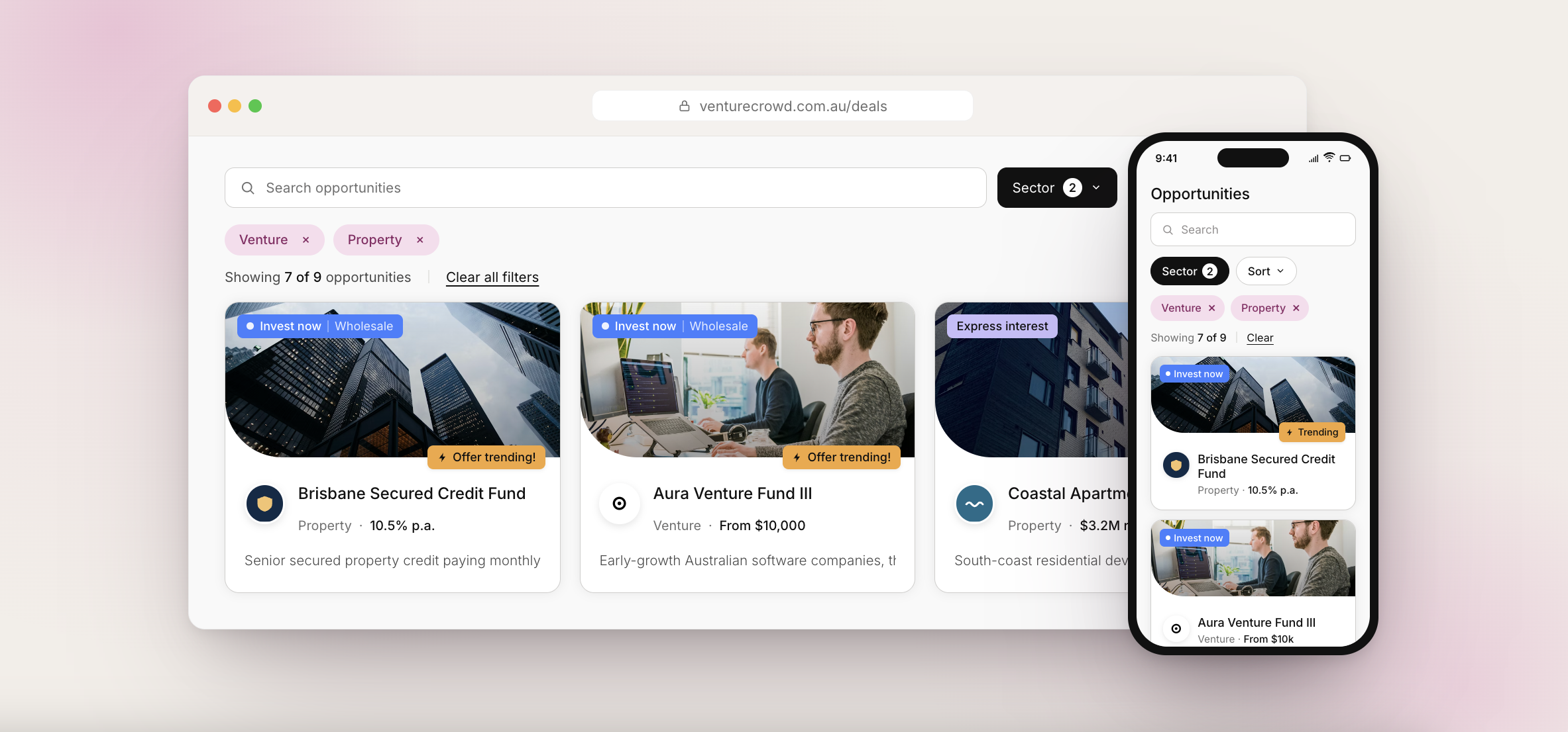 Deal discovery — filtered view with active chips and live result count